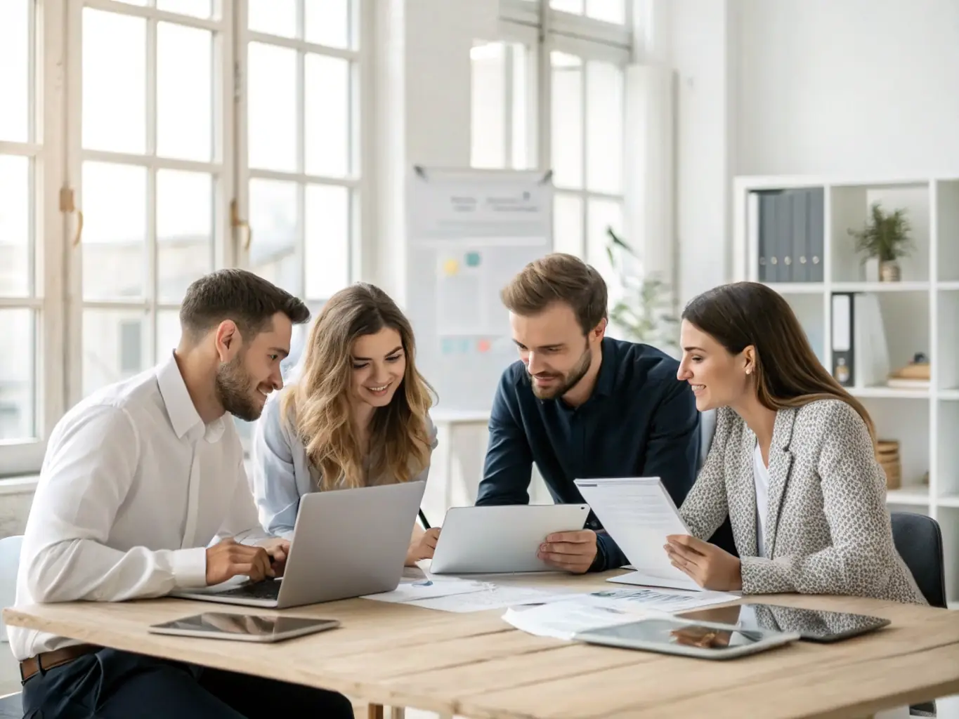 A diverse group of UK business professionals collaborating on a project, showcasing teamwork and innovation.