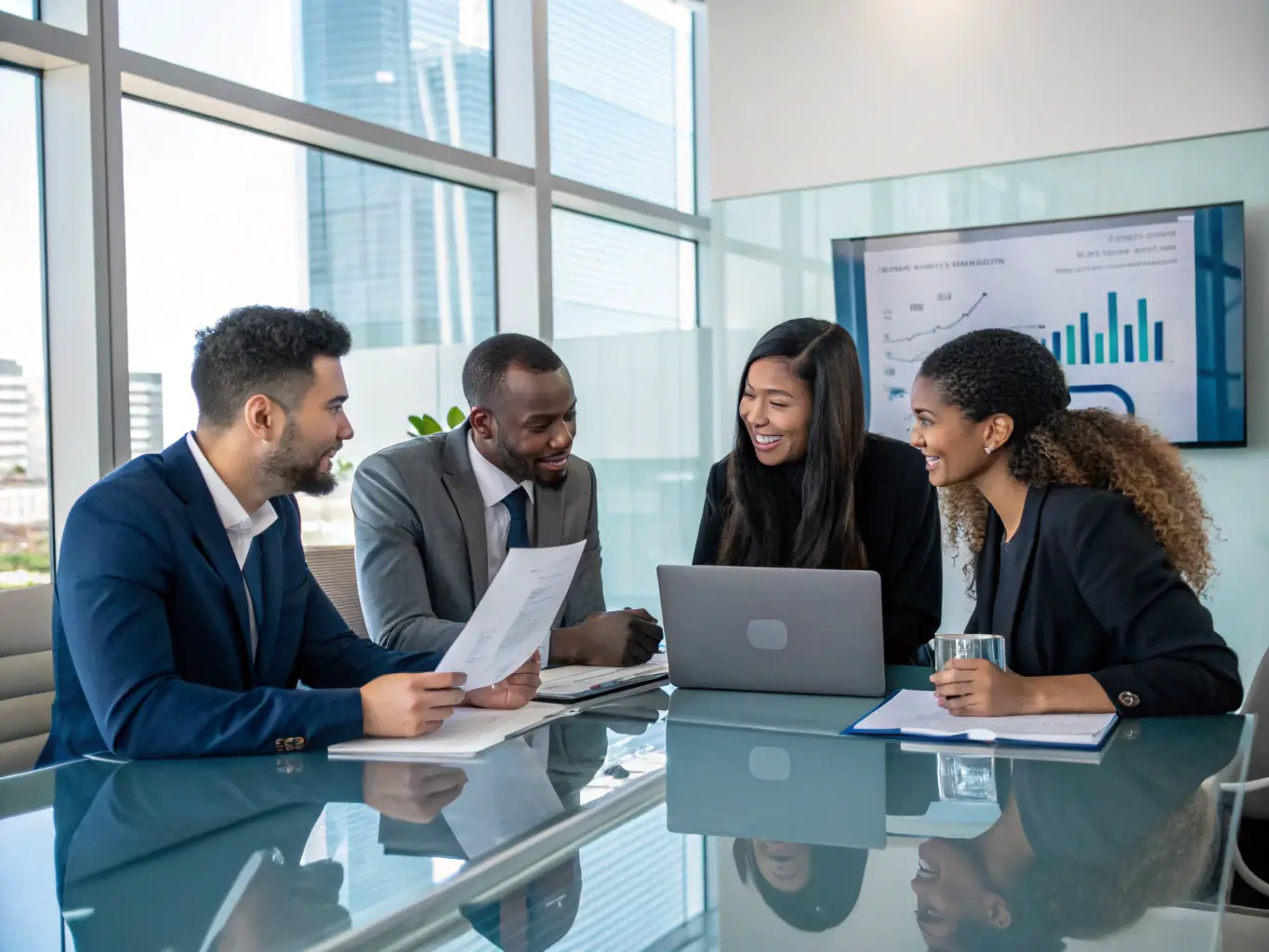 An image of a business team analyzing growth charts and strategic plans in a modern office setting, symbolizing business growth strategies.