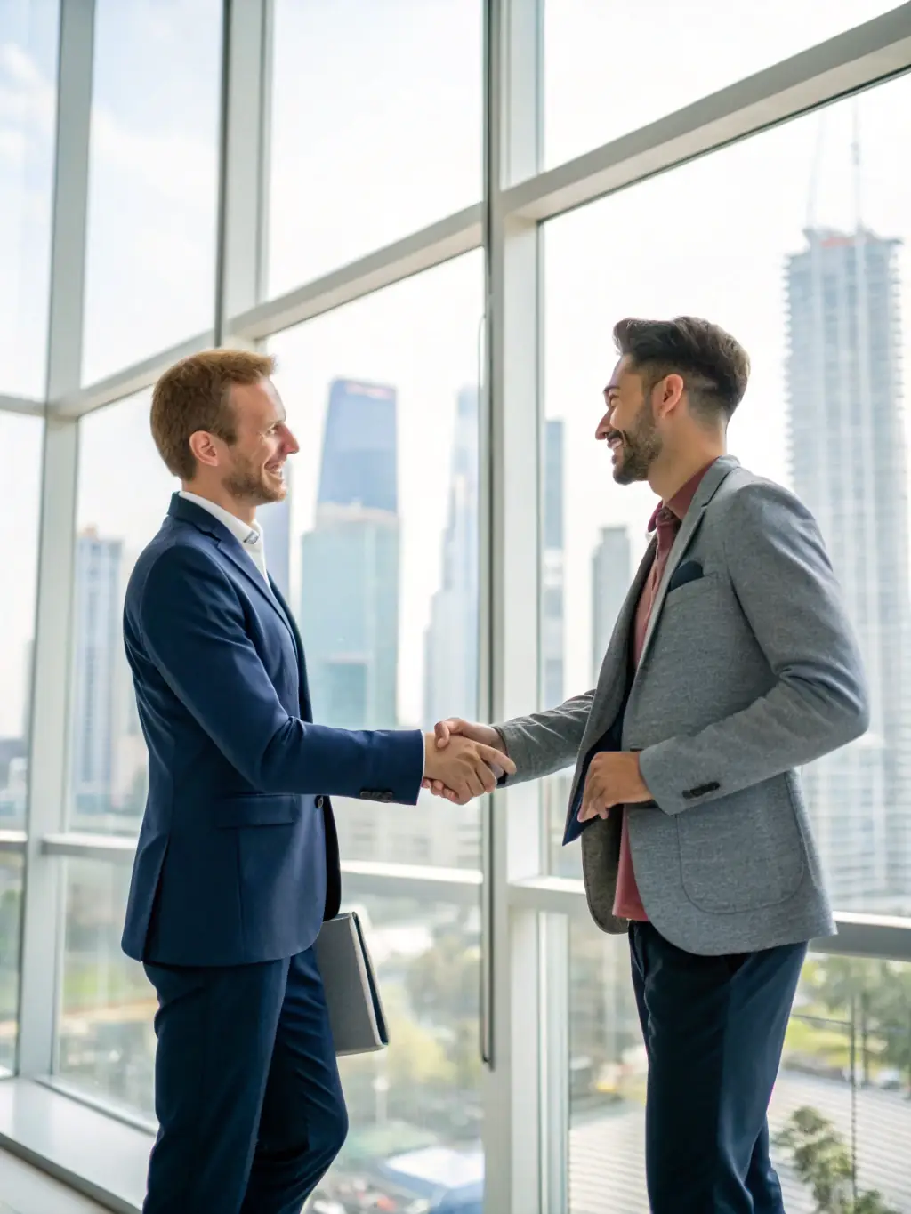 A successful UK business owner shaking hands with a coach, celebrating a milestone achievement, symbolizing the positive impact of coaching on business success.