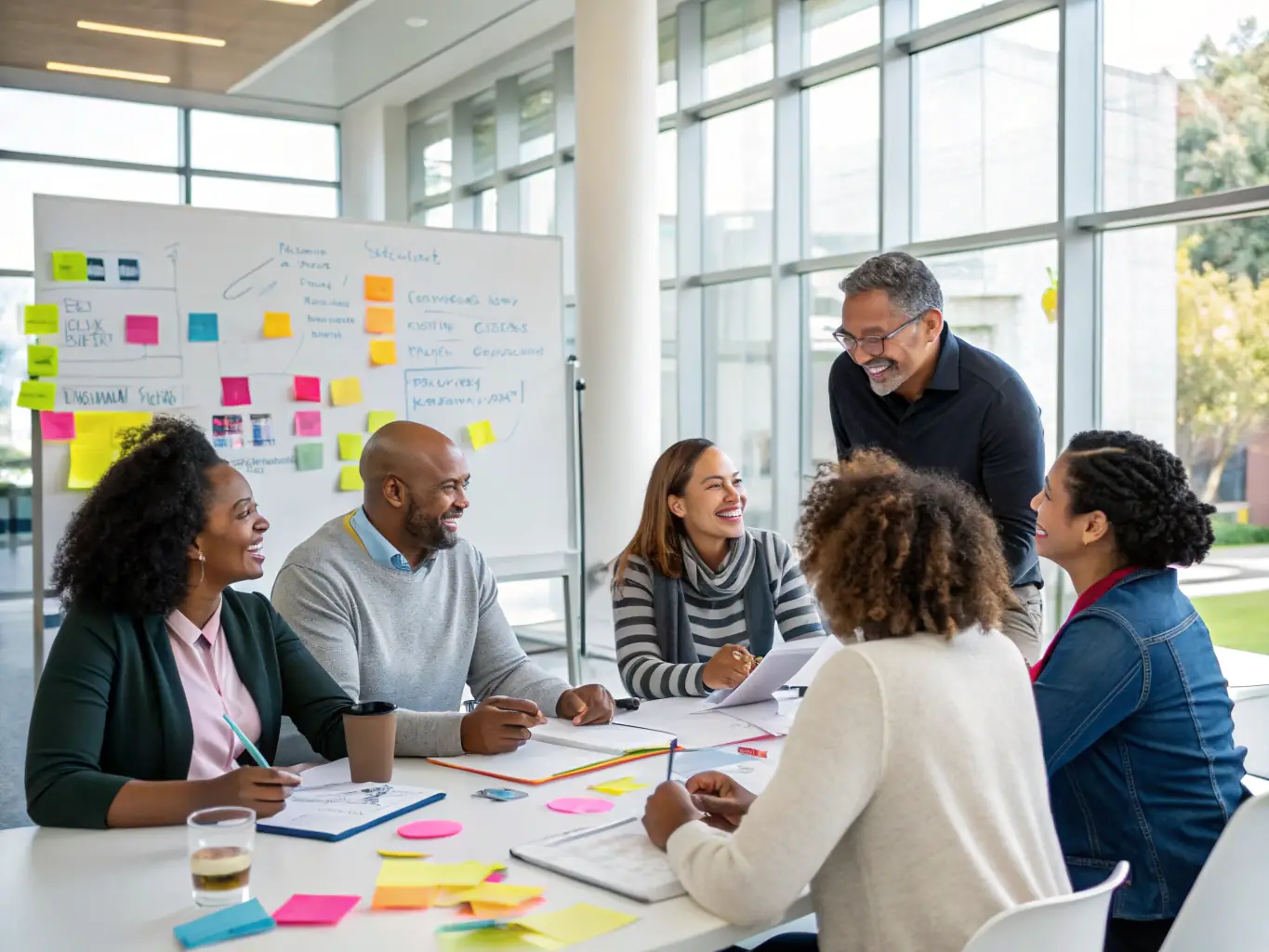A diverse team of business leaders participating in a leadership development workshop, focusing on effective communication and team building skills.