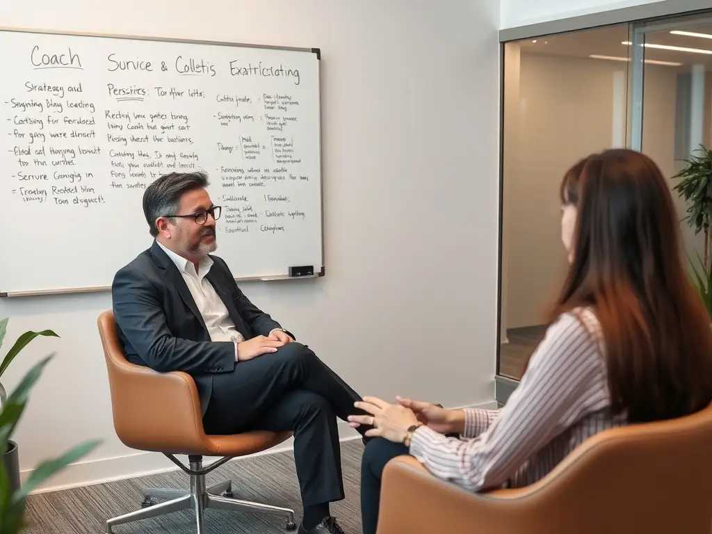 A professional business coach is working with a client in a modern office setting, reviewing growth strategy documents and discussing market opportunities in the UK.