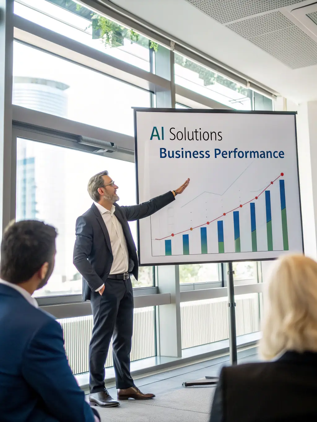 A professional coach in a suit, smiling confidently while pointing at a growth chart during a business strategy meeting in a modern office setting, symbolizing business growth strategies.