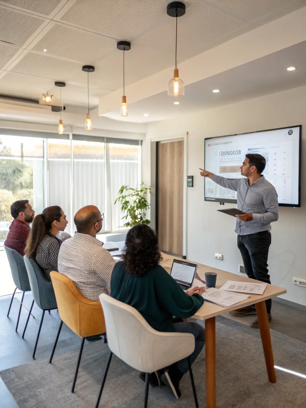 A confident UK business leader delivering a presentation to their team, showcasing strong leadership skills and inspiring them to achieve their goals, with a focus on motivation and vision.