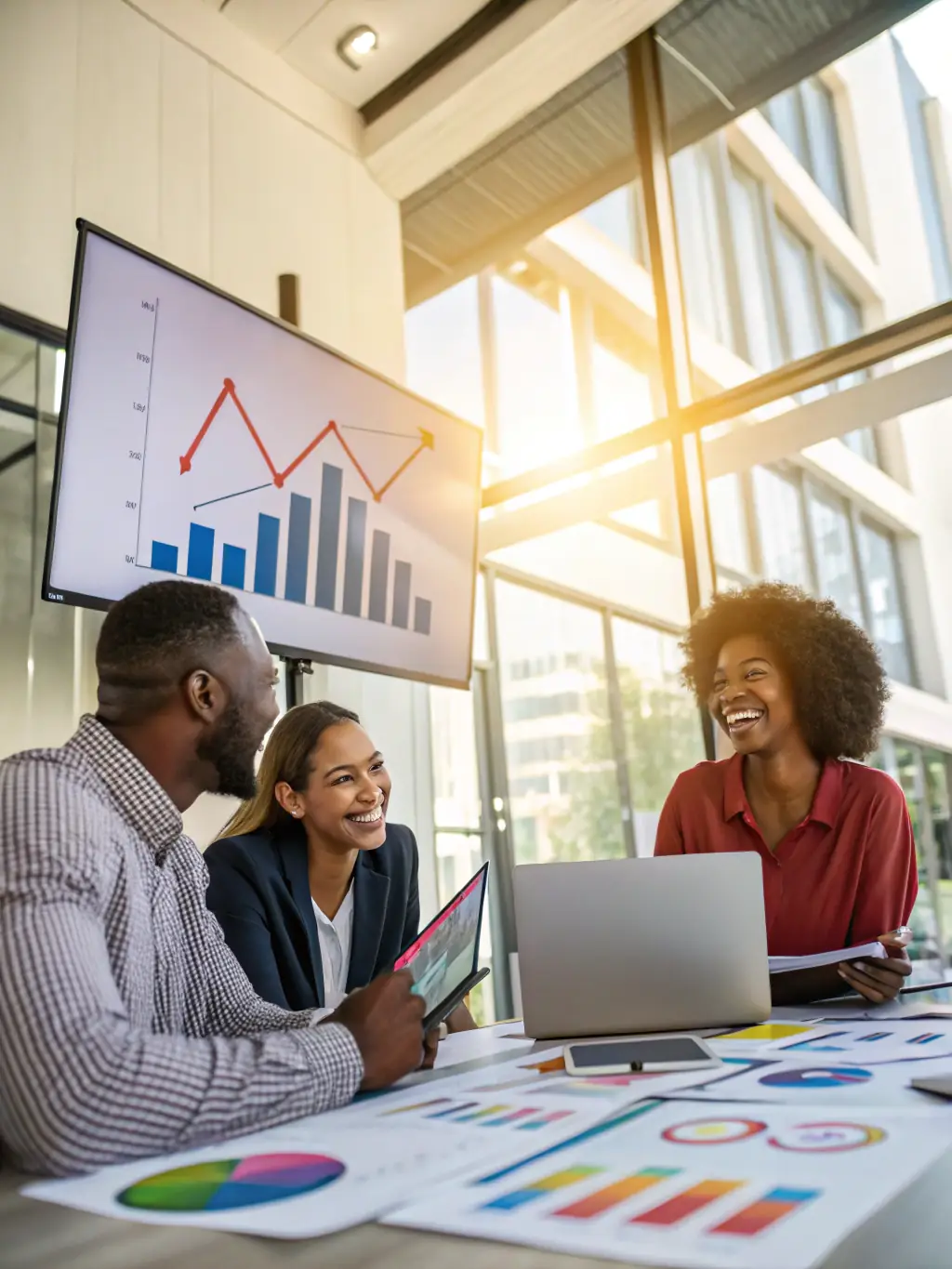A professional UK business coach in a sharp suit, smiling confidently while gesturing towards an upward-trending graph displayed on a large screen during a coaching session with a team of diverse professionals in a modern office setting.