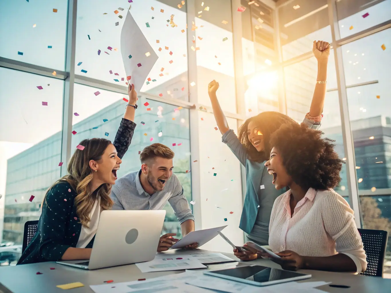 A successful UK tech startup team celebrating a funding round, showcasing the impact of effective coaching and strategic guidance.