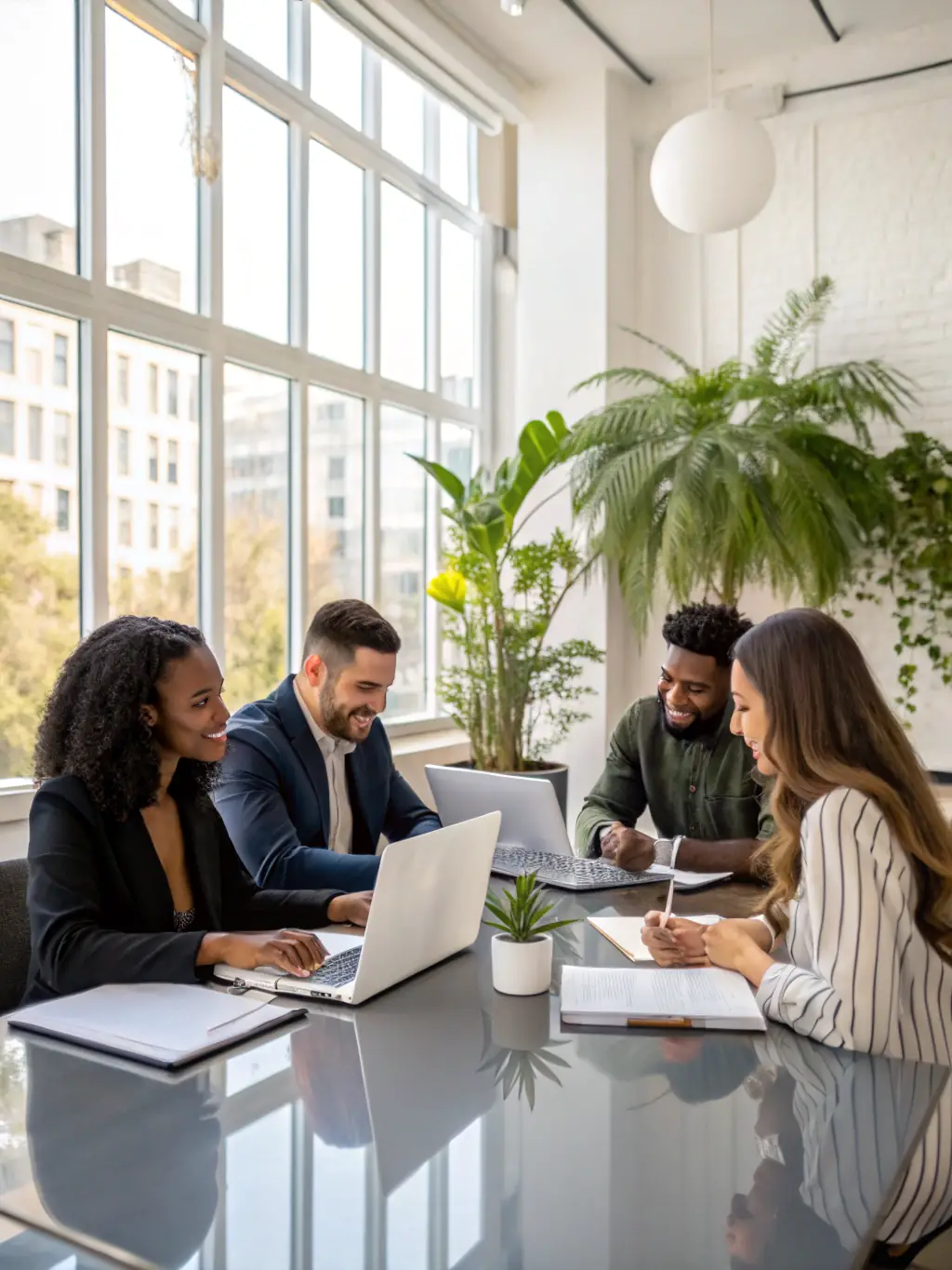 A diverse group of UK business professionals collaborating around a table, brainstorming ideas and developing innovative solutions, with a focus on teamwork and problem-solving.