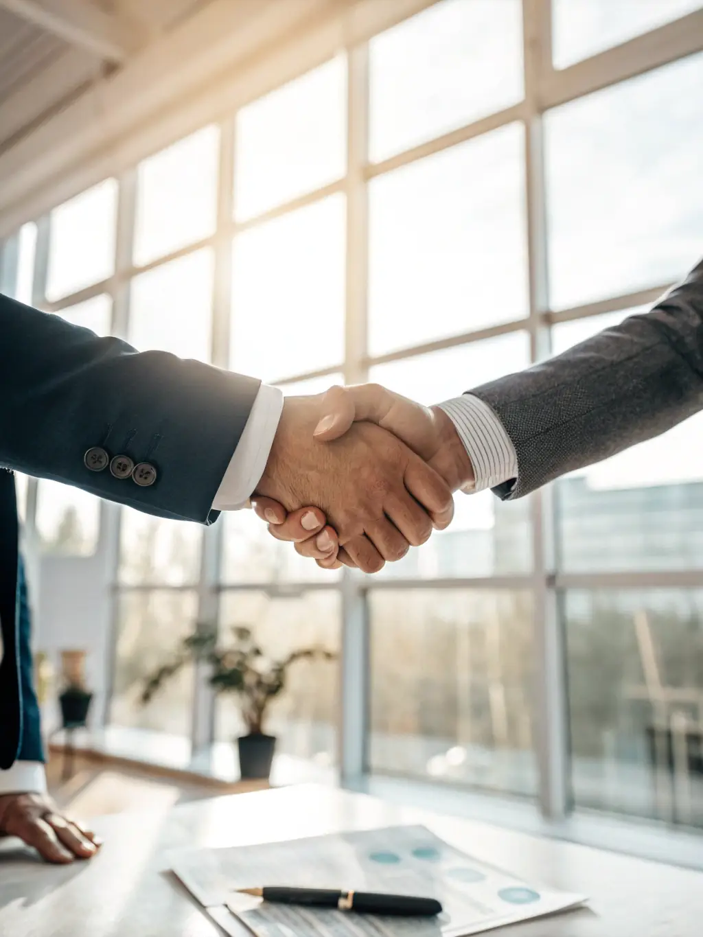 A successful UK business owner shaking hands with a client, symbolizing a strong partnership and the achievement of business goals, with a focus on trust and mutual success.